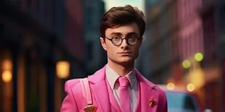 Harry Potter encontra o filme da Barbie em arte cruzada colorida e reconfortante