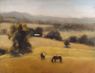 Landscape oil painting with two horses in the foreground with trees and rolling hills behind.