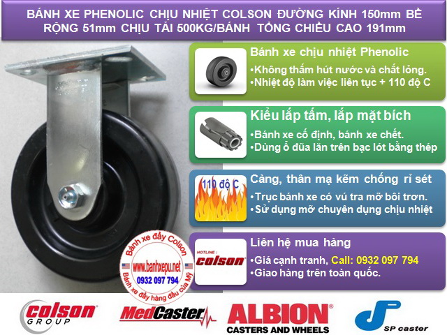 Bánh xe Phenolic chịu nhiệt càng cố định 150mm Colson Mỹ | 4-6108-339 www.banhxeday.xyz