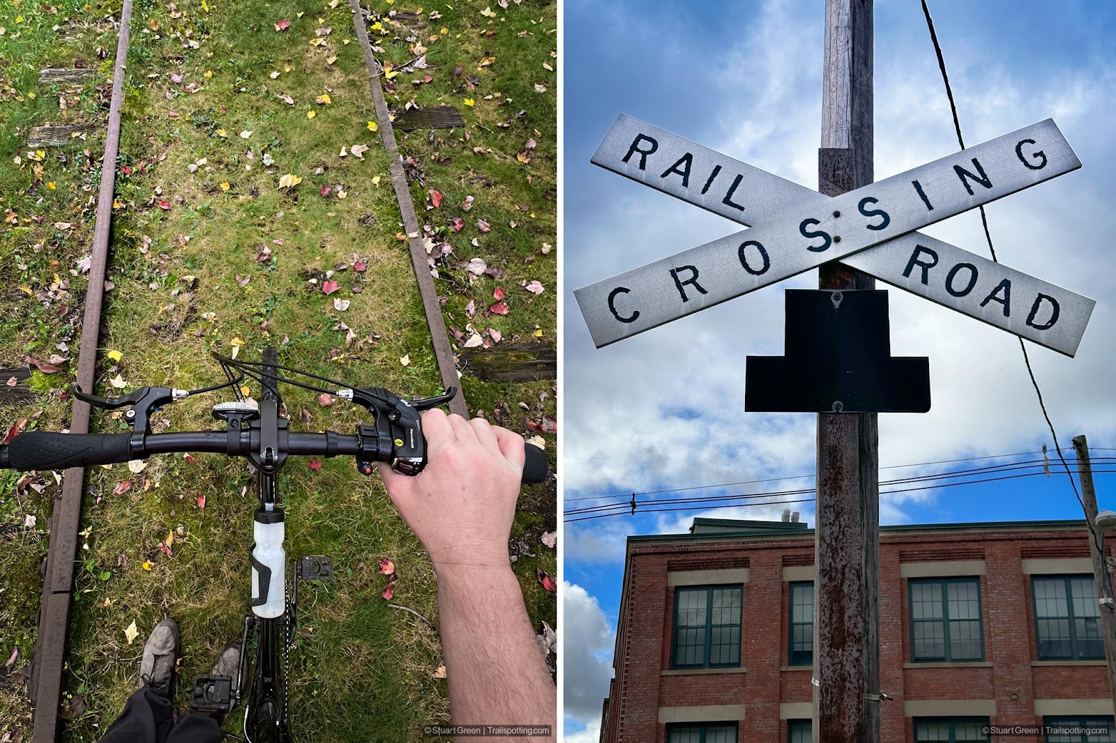 Left: Cyclist POV with mowed green grass under my wheels. Rails and railroad ties visible. Right: old railroad sign crossing.