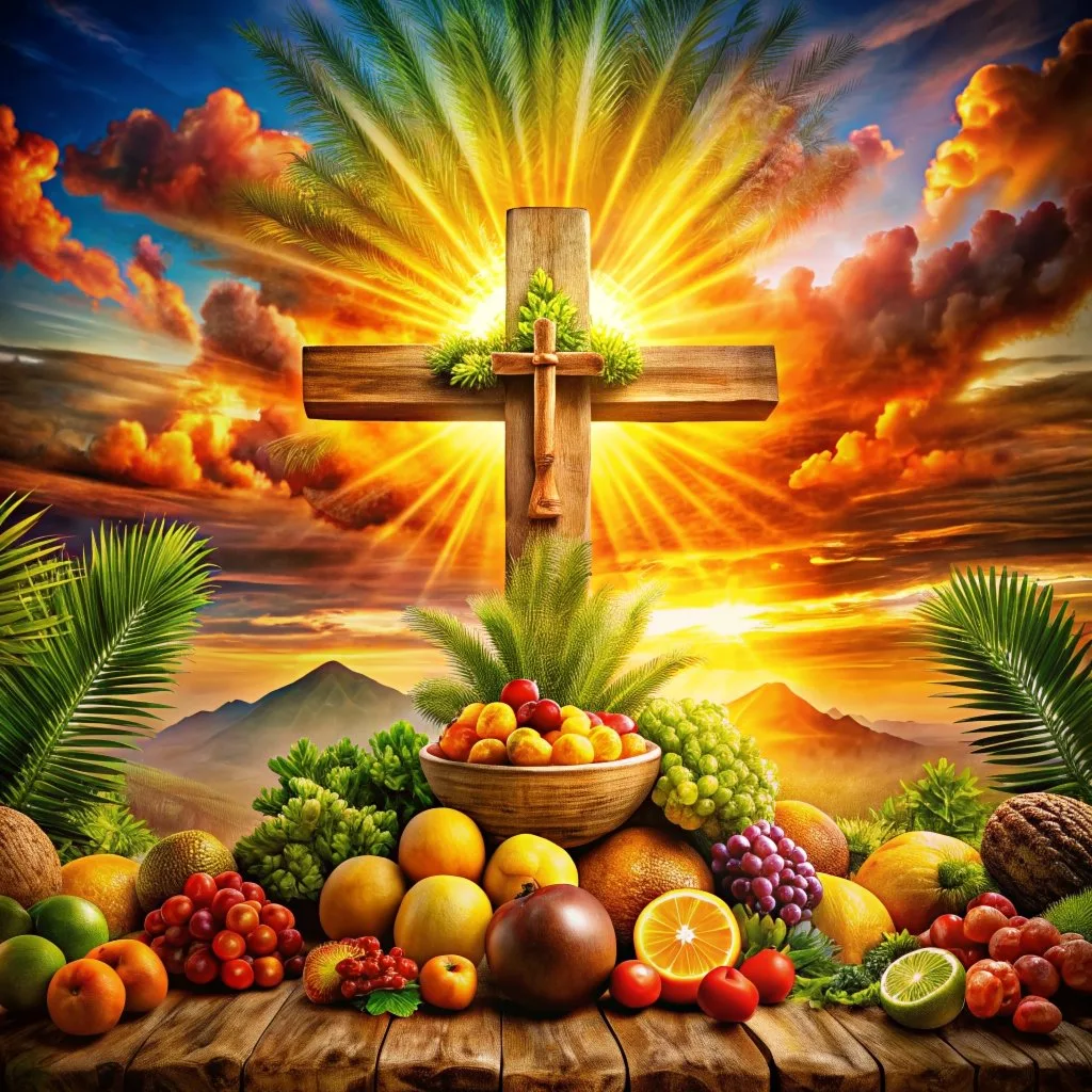  imagen de cruz de madera rodeada de fruta u destellos solares al fondo 