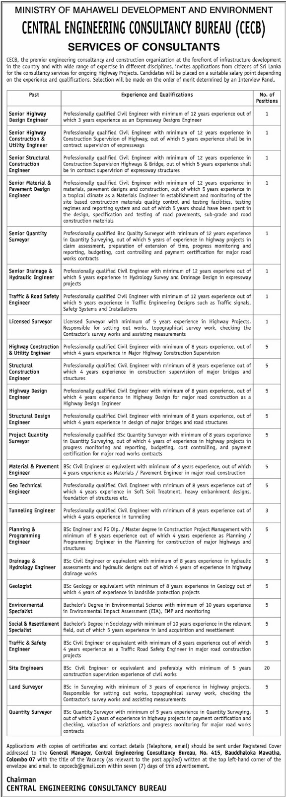 Vacancies - Senior Highway Design Engineer - Senior Highway Construction & Utility Engineer - Senior Structural Construction Engineer - Senior Material & Pavement Design Engineer - Senior Quantity Surveyor - Senior Drainage & Hydraulic Engineer - Traffic & Road Safety Engineer - Licensed Surveyor - Highway Construction & Utility Engineer - Structural Construction Engineer - Highway Design Engineer - Structural Design Engineer - Structural Design Engineer - Project Quantity Surveyor - Material & Pavement Design Engineer - Geo Technical Engineer - Tunneling Engineer - Planning & Programming Engineer - Drainage & Hydrology Engineer –Geologist - Environmental Specialist - Social & Resettlement Specialist -Traffic & Safety Engineer - Site Engineers - Land Surveyor - Quantity Surveyor - Central Engineering Consultancy Bureau (CECB) - Ministry of Mahaweli Development & Environment