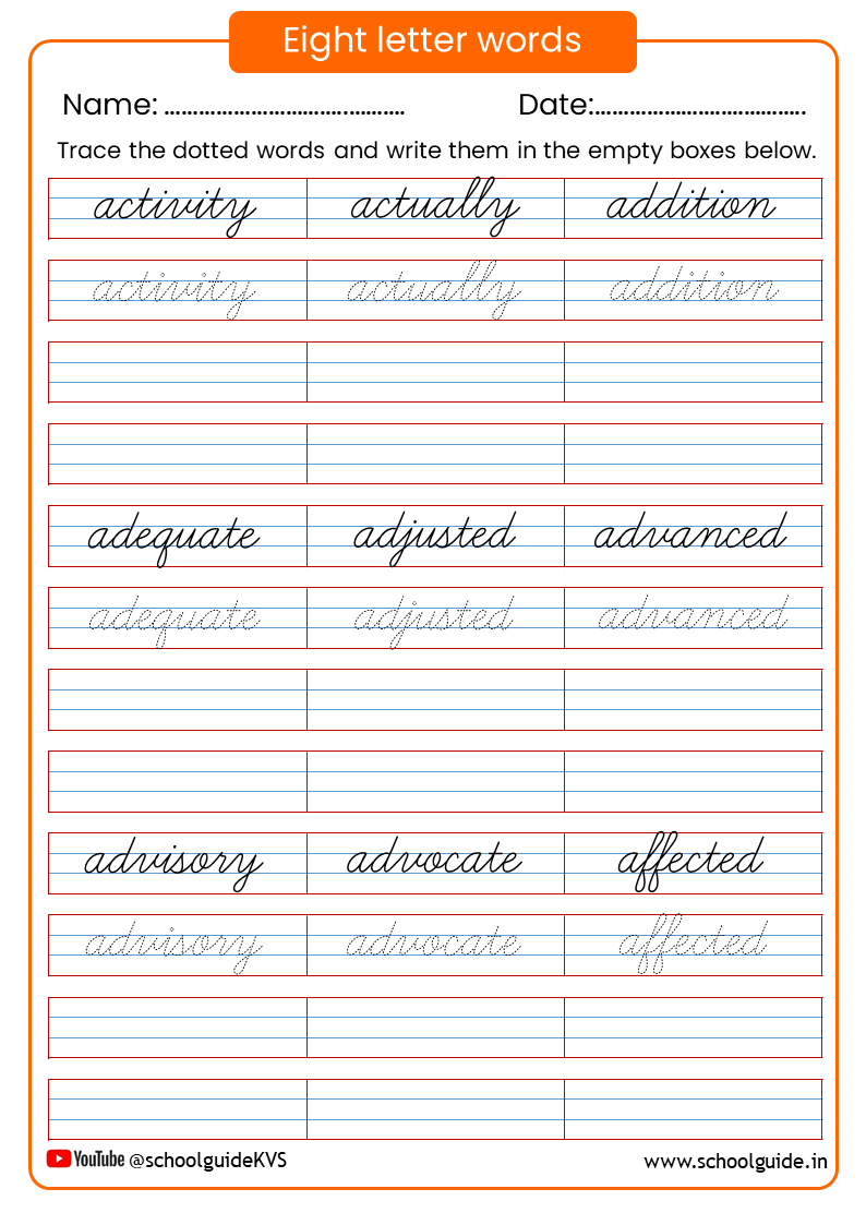 Eight Letter Words Cursive Writing Worksheets