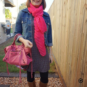 awayfromtheblue instagram | shift dress in winter for church with pink accessories scarf and Balenciaga city bag