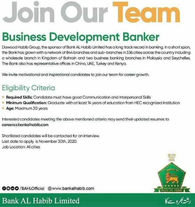 Bank Al habib job 2020Buisness developmen banker 
