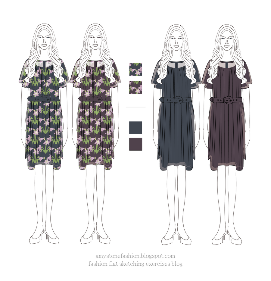 Amaryllis Flower-Print Dress Colorway Drawing