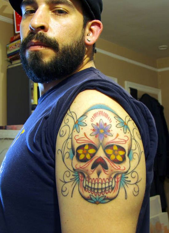 skull tattoo arm. flower and skull tattoo, arm