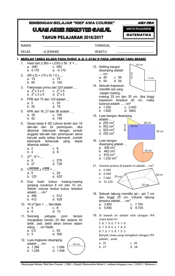 Download Soal UAS Ganjil Matematika Kelas 6 SD/MI Semester 1 T.A 2016/