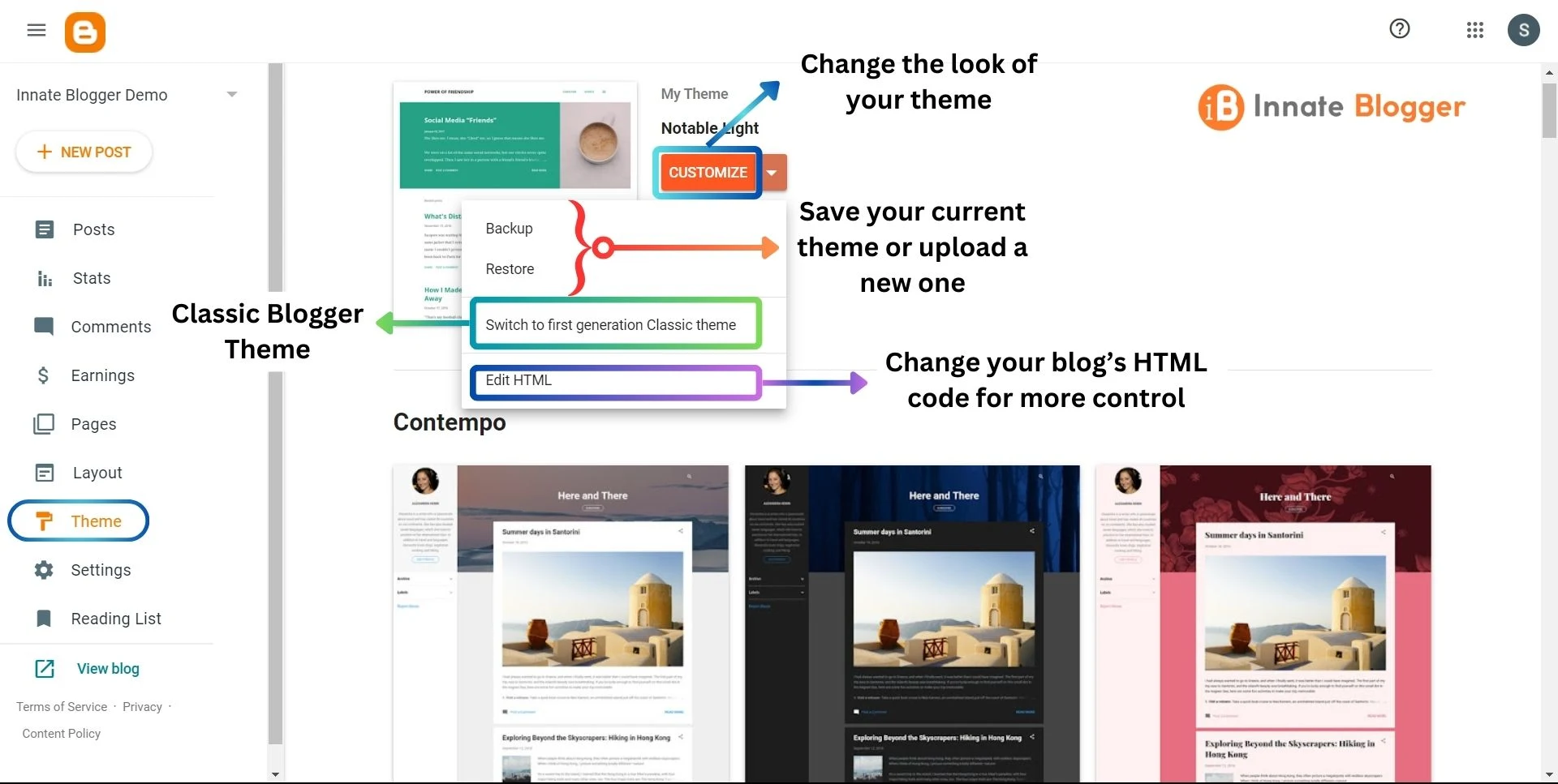 Blogger Dashboard Themes Section Overview