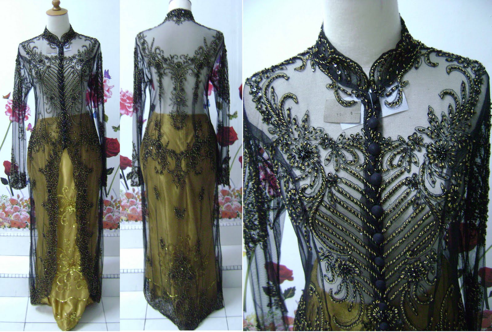  BAJU  PENGANTIN KEBAYA  SULAM KEBAYA  INDAH HITAM  GOLD  LABUH 