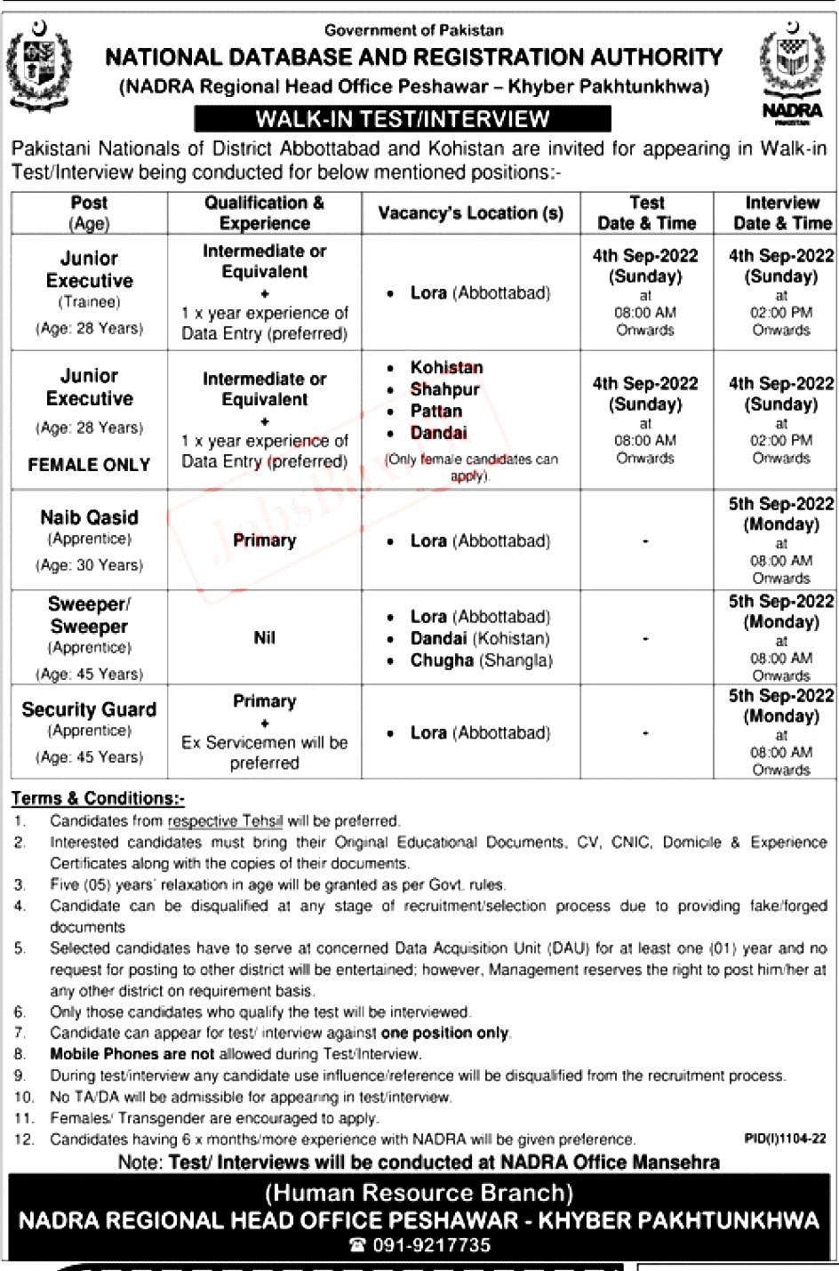 NADRA Regional Head Office Peshawar Latest Jobs 2022 in KPK