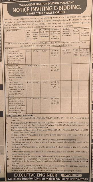 TENDER IN MALAKAND IRRIGATION DIVISION MALAKAND (Kppra tenders), ppra tenders irrigation tenders, tenders kpk, kppra tenders 2023