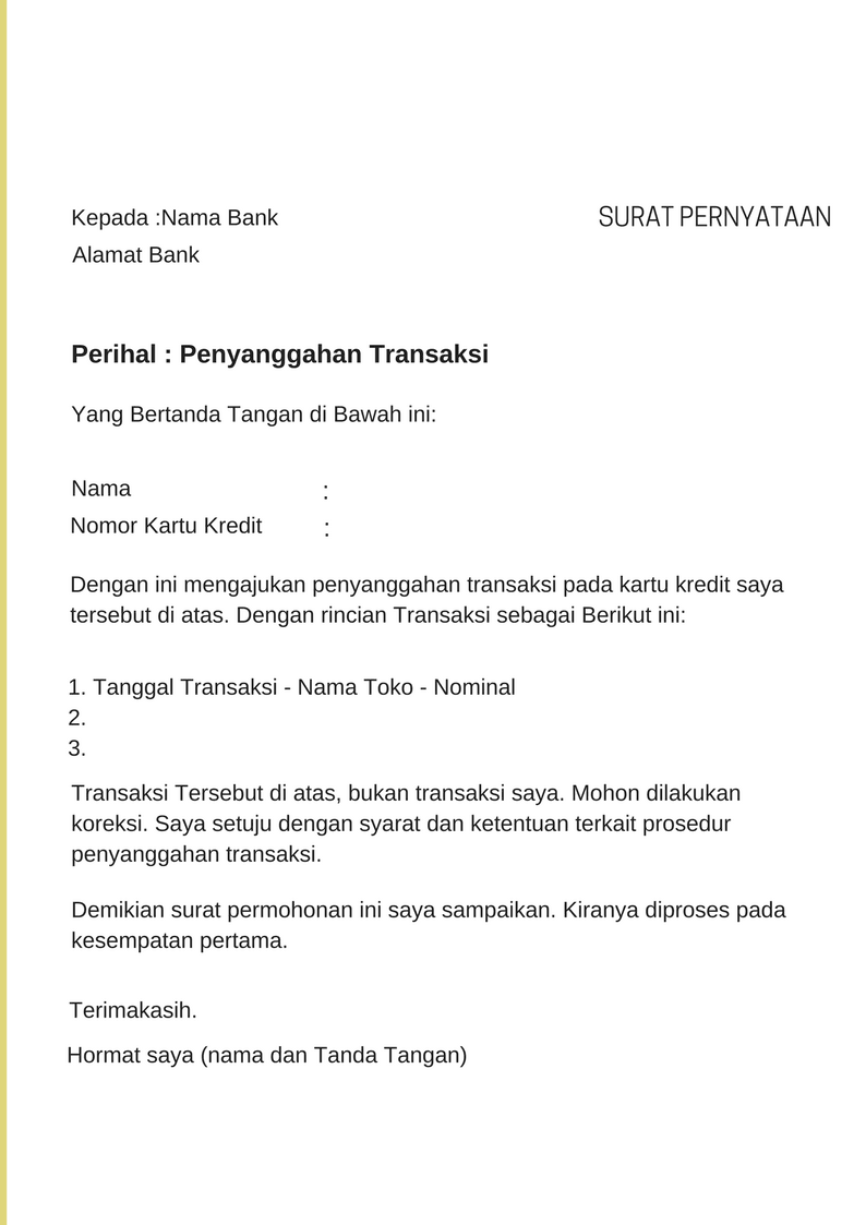 Kartu Bank: Surat Pernyataan