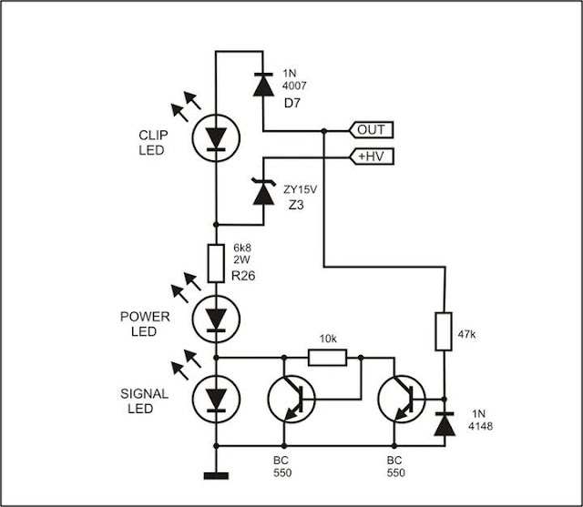 SKEMA LED CLIP SIGNAL DAN POWER AMPLIFIER