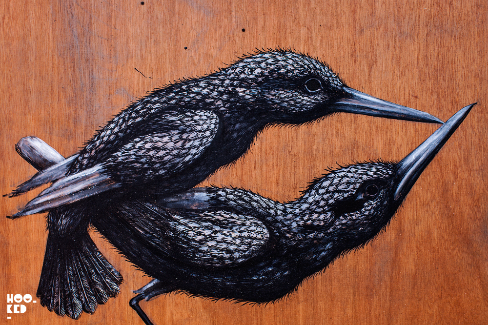 Details of two ROA birds from a work from his Cataclysm exhibition