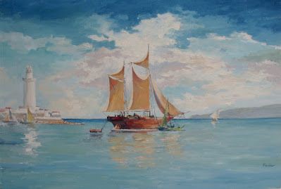 Title: Sea. Sailboat in the port.  Original work by Antonio Guerrero Pinín.