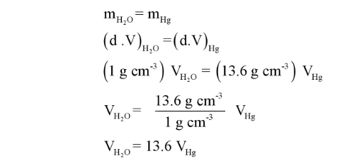 مثال /  ا كان الماء هو السائل المستخدم في بارومتر، فإذا علمت أن طول عمود الزئبق عند ضغط جوي واحد هو (cmHg76)، فكم سيكون طول عمود الماء (h) إذا كان الضغط الجوي يساوي (atm 1). علما بأن كثافة الزئبق تساوي (cm3/g13.6) وبصورة أدق (3g/cm 13.5951) وكثافة الماء تساوي (cm2/g 1).