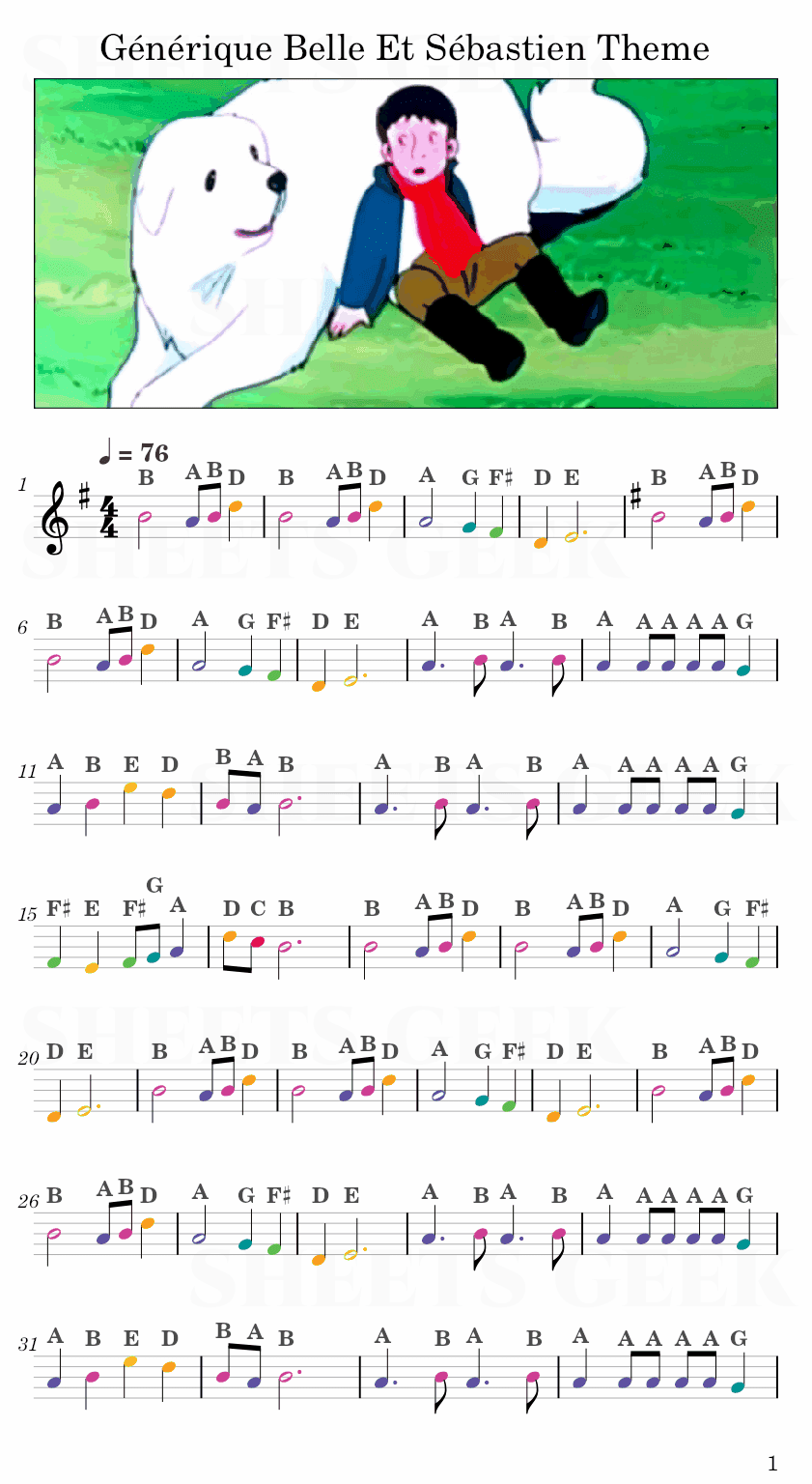 Générique Belle Et Sébastien Theme Easy Sheets Music Free for piano, keyboard, flute, violin, sax, celllo 1