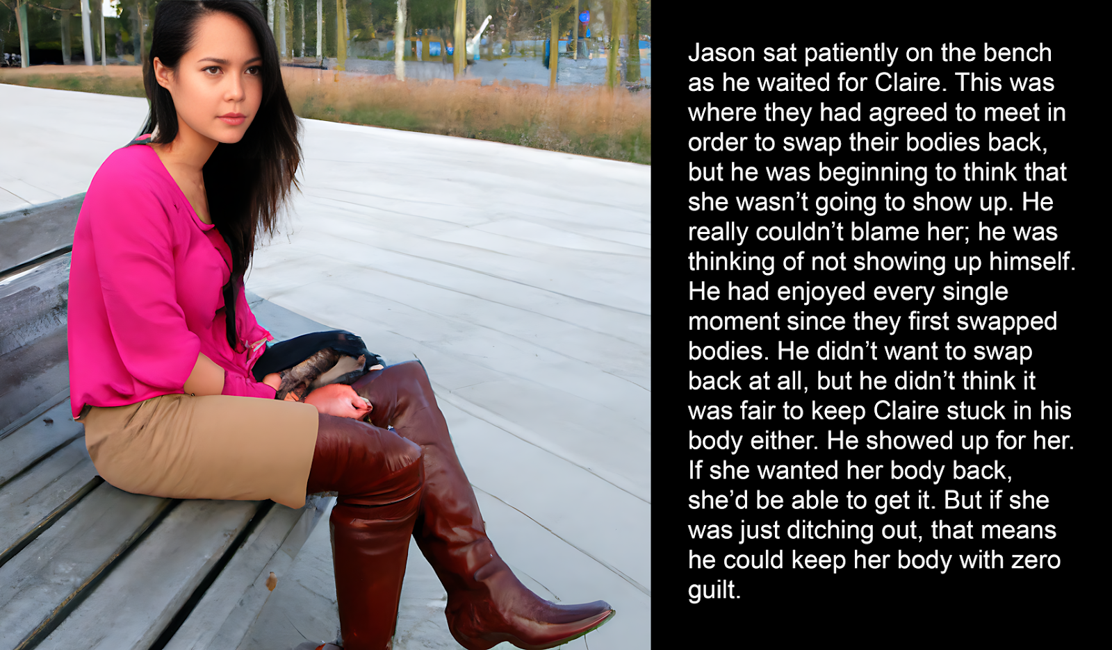 Jason sat patiently on the bench as he waited for Claire. This was where they had agreed to meet in order to swap their bodies back, but he was beginning to think that she wasn’t going to show up. He really couldn’t blame her; he was thinking of not showing up himself. He had enjoyed every single moment since they first swapped bodies. He didn’t want to swap back at all, but he didn’t think it was fair to keep Claire stuck in his body either. He showed up for her. If she wanted her body back, she’d be able to get it. But if she was just ditching out, that means he could keep her body with zero guilt.