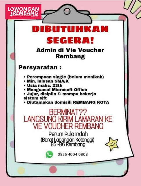 Lowongan Kerja Karyawati Admin Vie Voucher Rembang