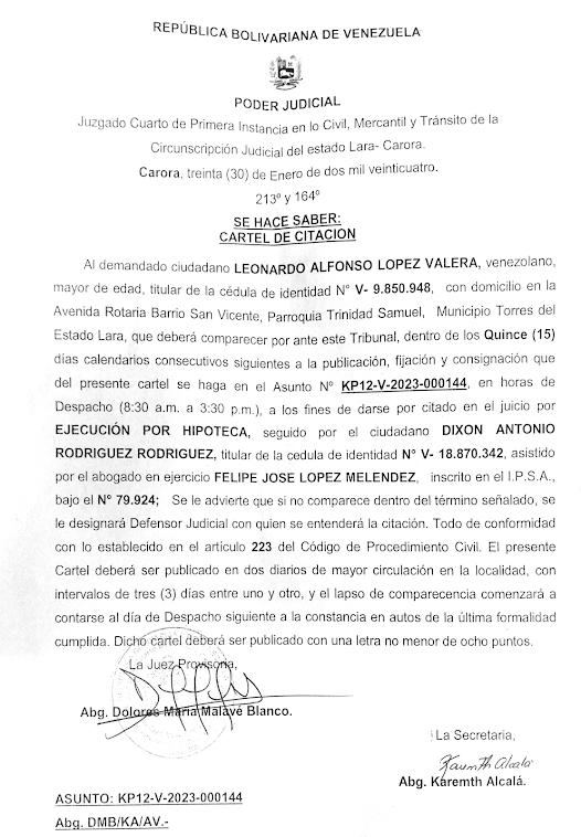 CARTEL DE CITACIÓN: Al CIUDADNO LEONARDO LOPEZ VALERA,  C.I.: V-9.850.948