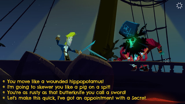 Screenshot of Guybrush Threepwood and LeChuck insult swordfighting in Return to Monkey Island