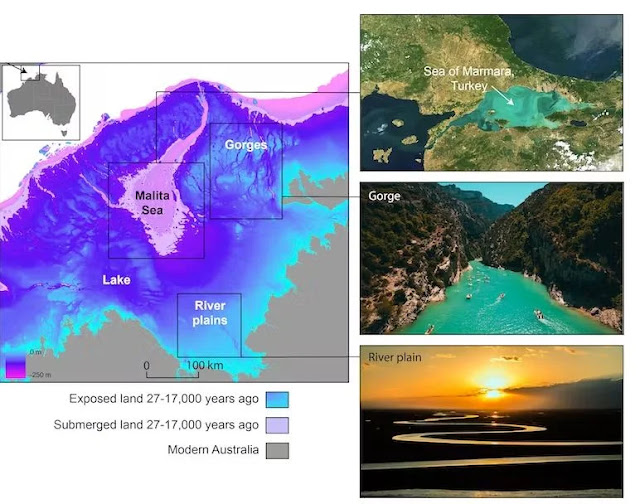 Τοπία και περιβάλλοντα της τελευταίας εποχής των παγετώνων της βορειοδυτικής υφαλοκρηπίδας της Αυστραλίας. Η περιοχή είχε μια εσωτερική θάλασσα, τεράστιες εκτάσεις με βαθιά φαράγγια και πλατιές επικλινείς πεδιάδες με μεγάλα ποτάμια. Τα σύγχρονα παραδείγματα αυτών των χαρακτηριστικών τοπίων εμφανίζονται στα δεξιά. [Credit: US Geological Survey, Geoscience Australia, Pexels]