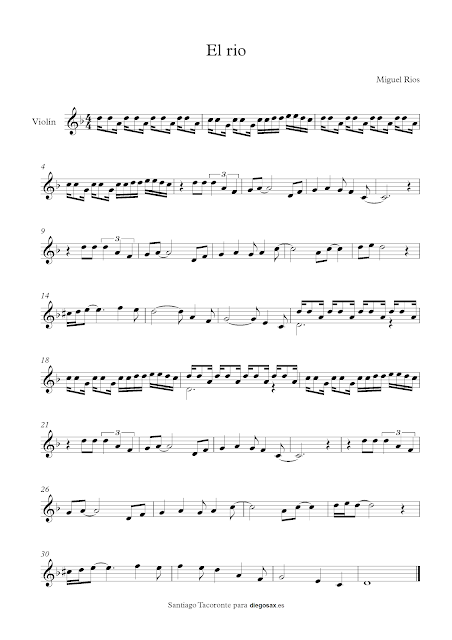    Partitura de El Río en Re menor para violín e instrumentos en clave de Sol como flauta, saxofón, trompeta, clarinete, cornos, saxo tenor, sopranos, voz, piano/guitarra melódica...