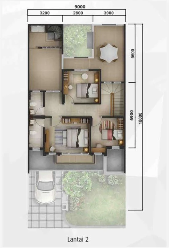 16 Denah rumah minimalis ukuran 9x18 meter 5 kamar tidur 2 lantai