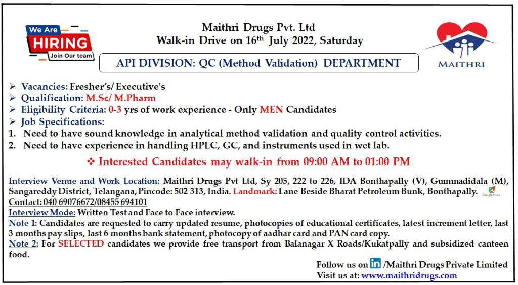 Job Available's for Maithri Drugs Pvt Ltd Walk-In Interview for Fresher’s & Experienced/ MSc/ B Pharm