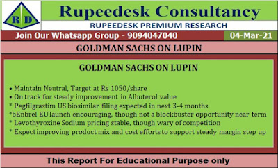 GOLDMAN SACHS ON LUPIN - Rupeedesk Reports - 04.03.2021