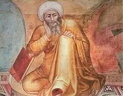 Ibnu Rusyd atau Averroes, dari detail lukisan Triunfo de Santo Tomás, karya artis Florence abad ke-14 Andrea Bonaiuto.