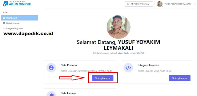 Selengkapnya untuk menuju pada laman Data Personal