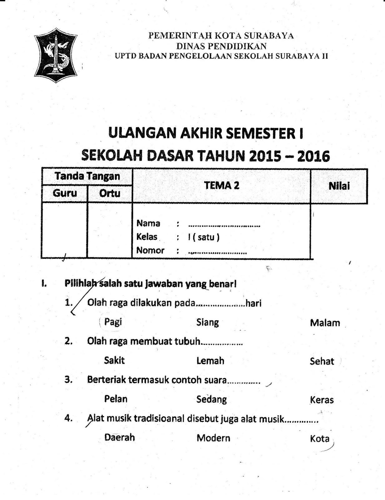 SD Kelas 1 Semester Ganjil TA 2015 2016 Kurikulum 2013