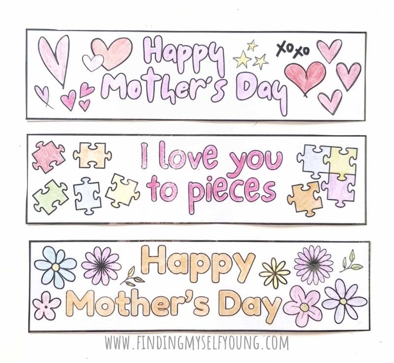Mother's Day bookmarks coloured in and laminated.