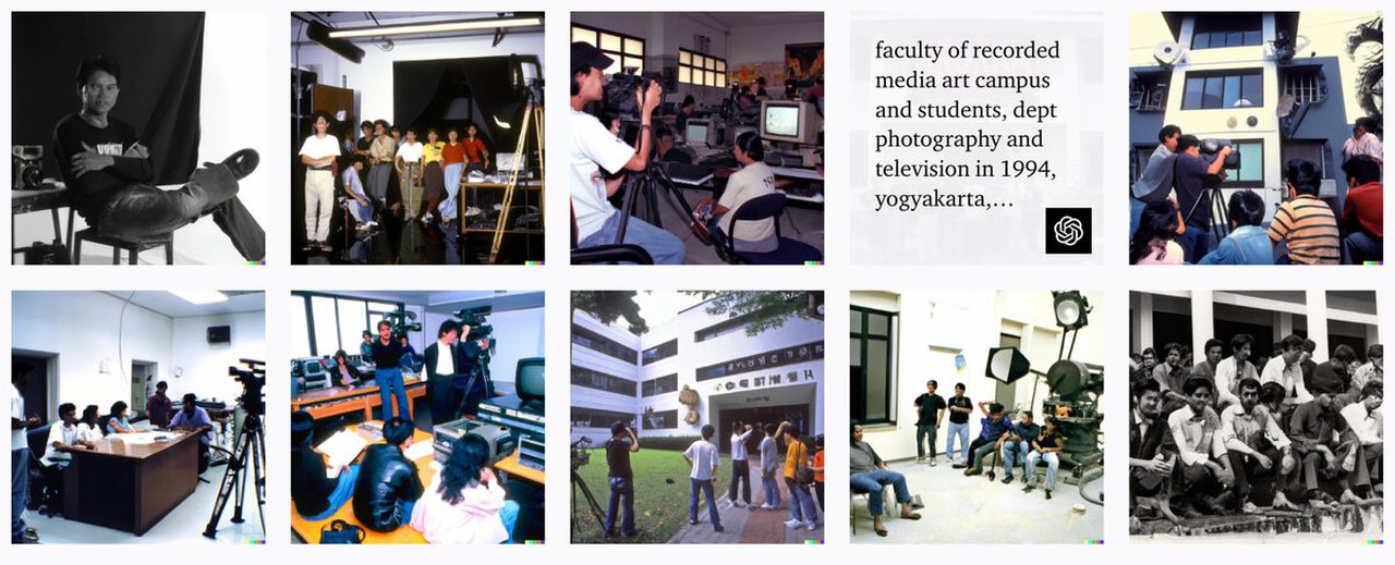 Gambar-gambar yang dihasilkan DALL-E-2 untuk perintah foto-foto jadul kegiatan kampus ISI tahun 1994