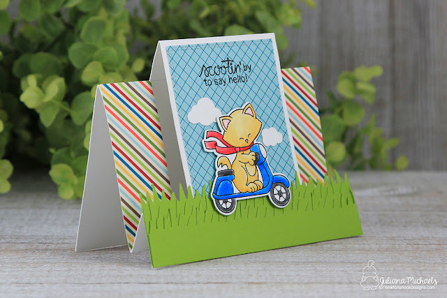 Hello Step Card by Juliana Michaels featuring Newton's Nook Designs Newton Scoots by Stamp and Die set