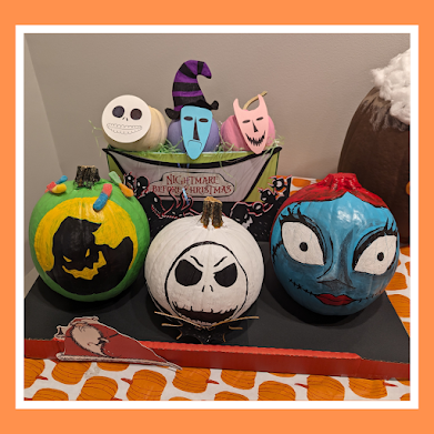 several pumpkins decorated as The Nightmare Before Christmas