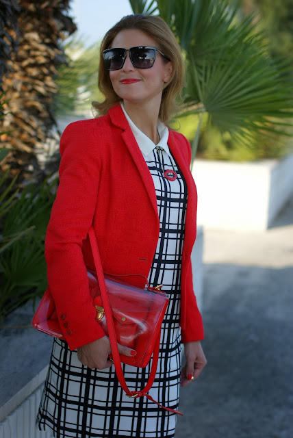 frontrowshop check dress, red marc by marc jacobs bag, Zara blazer, Fashion and Cookies, fashion blogger