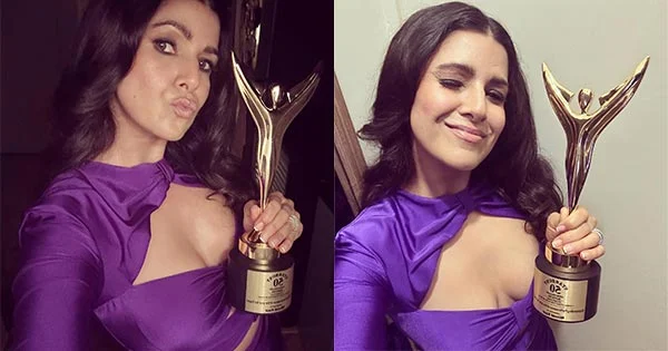 nimrat kaur cleavage purple dress stardust award