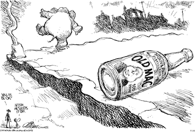 President Obama cartoon: A bottle of Old Mac liquor lies empty on the sidewalk as a drunken elephant stumbles away down the street, bouncing off a lamppost as he goes. 