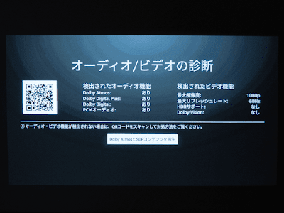 HDMI入力ポートに「Fire TV Stick 4K Max」を繋ぎ、「オーディオ/ビデオの診断」画面を表示されたところ
