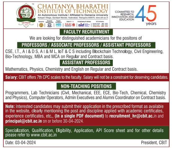 CBIT Hyderabad Biotech Faculty Jobs