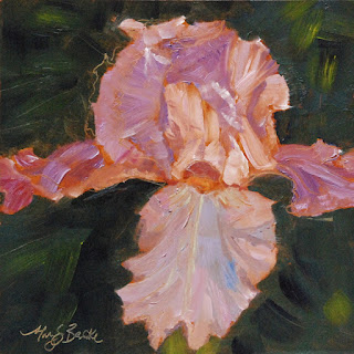 Lively, lavender iris still life oil painting by Mary Benke www.marybenke.com