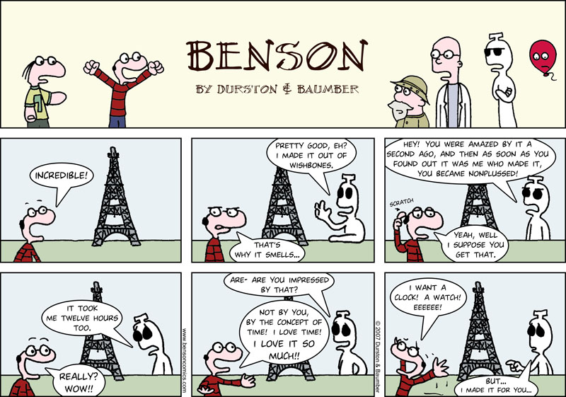 Benson won't appreciate Mister Motion until he's gone, which will be when he dies in Monday's strip.