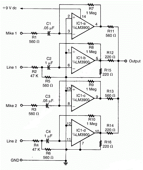 LM3900 Audio Mixer Circuit Diagram