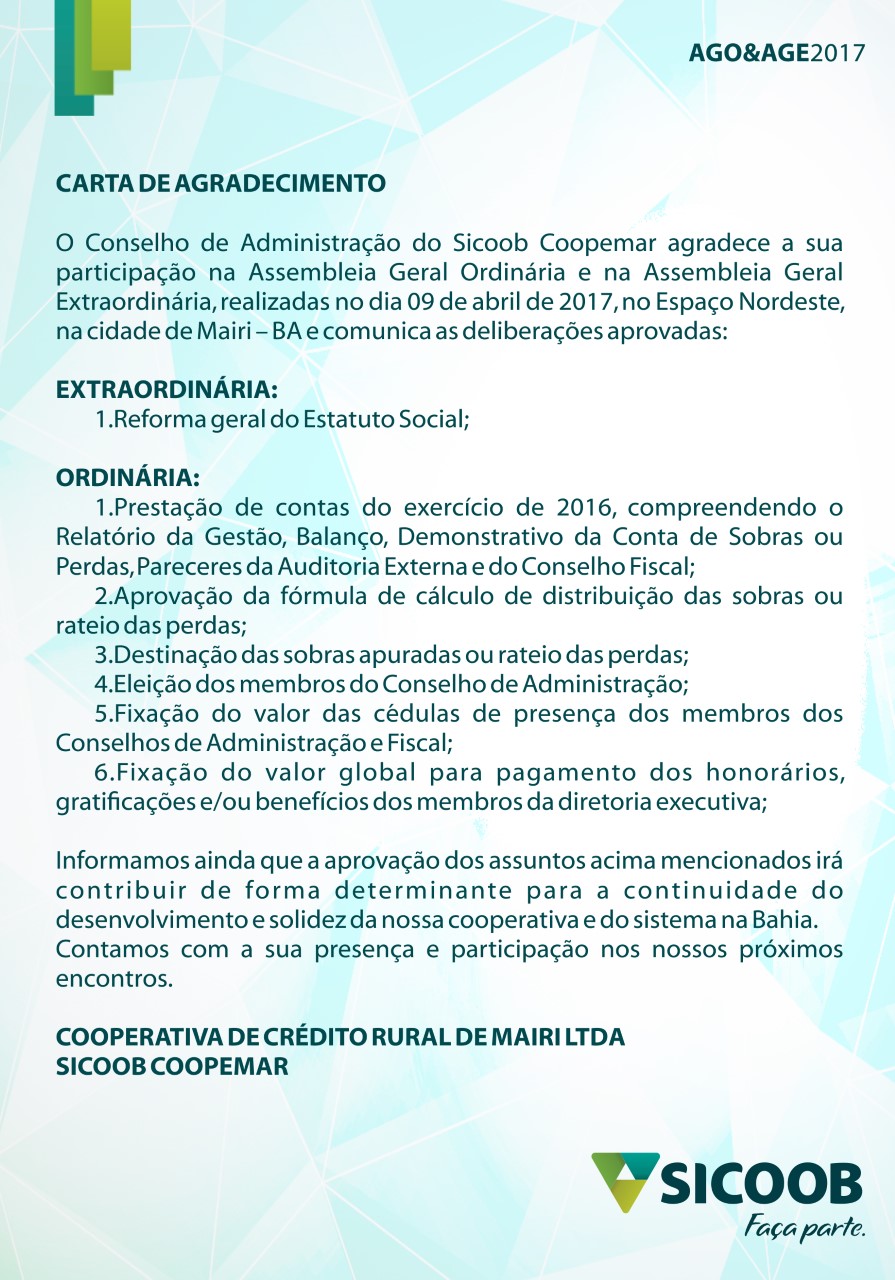 Carta de Agradecimento do Sicoob Coopemar ~ VÁRZEA DO POÇO 