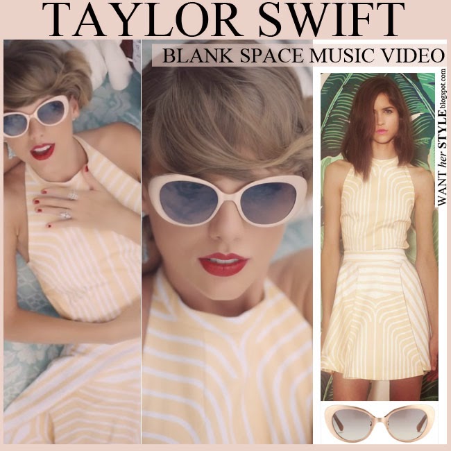 What She Wore Taylor Swift In Peach Striped Dress With Large Cat Eye Sunglasses In Blank Space Music Video I Want Her Style What Celebrities Wore And Where To Buy It