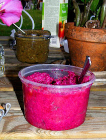 Homemade beetroot and walnut humous, with baba ganoush in the background. Made and photographed by Susan Walter.