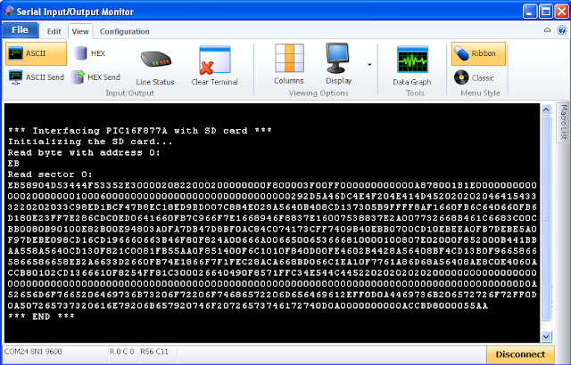 SD card read sector data using PIC16F877A microcontroller output